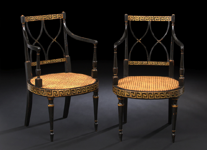 Appraisal: Pair of Edwardian Ebonized and Parcel-Gilt Armchairs ca in the