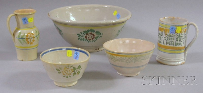 Appraisal: Five Pieces of Stencil Decorated Faience Tableware a large mixing