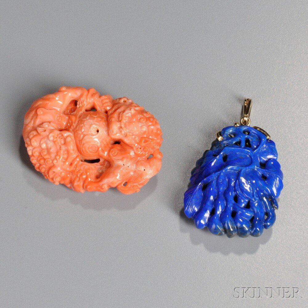 Appraisal: Coral Brooch and Sodalite Pendant China the brooch decorated with