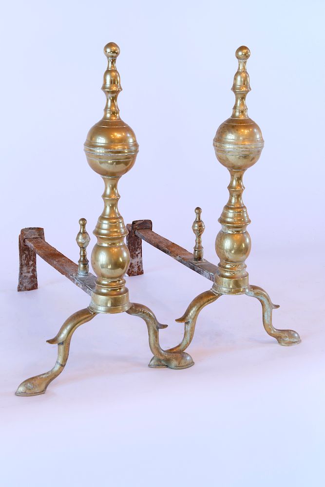 Appraisal: th Century Finial Ball Top Brass Andirons Exclusive on Bidsquare