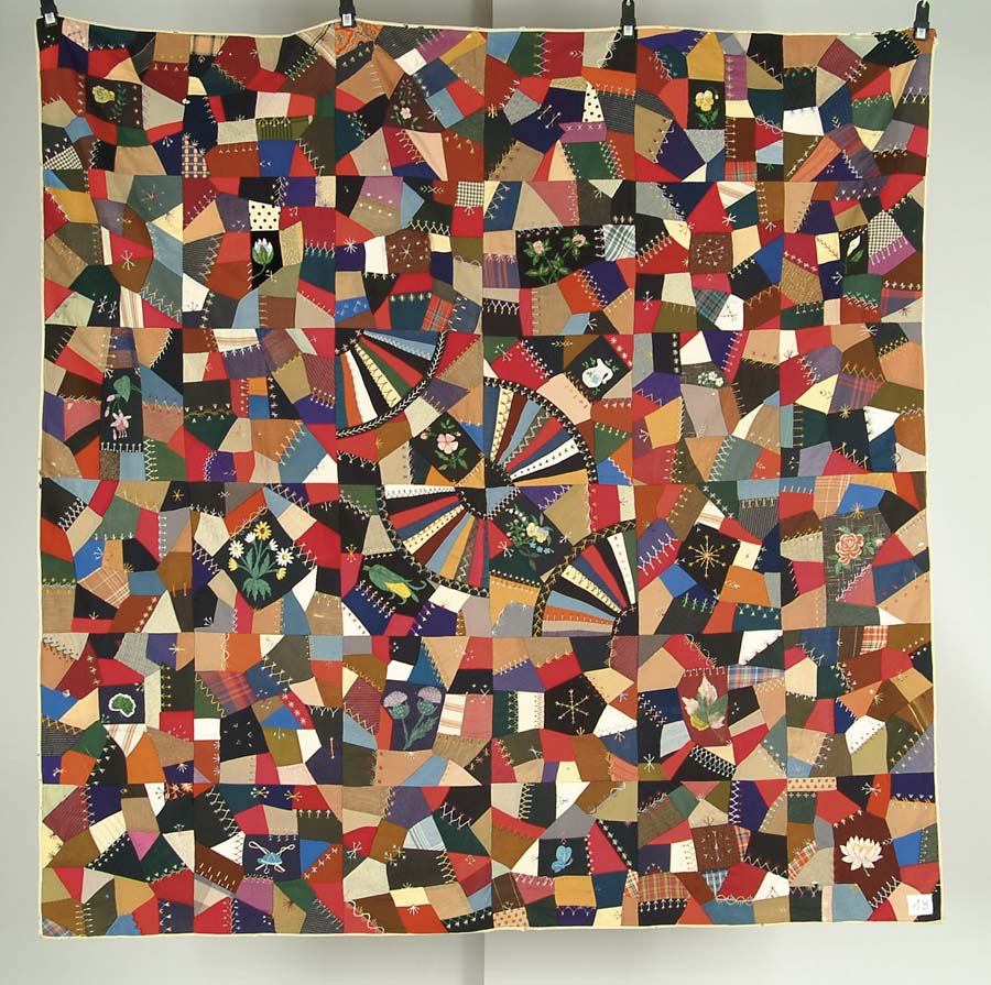 Appraisal: QUILT EXTRAORDINARY CRAZY QUILT Multicolored patches with decorative stitching Twenty