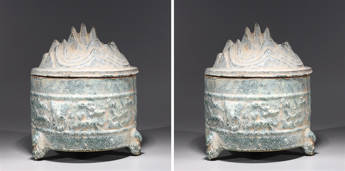 Appraisal: Pair of Chinese hill topped covered tripod censers with crackle