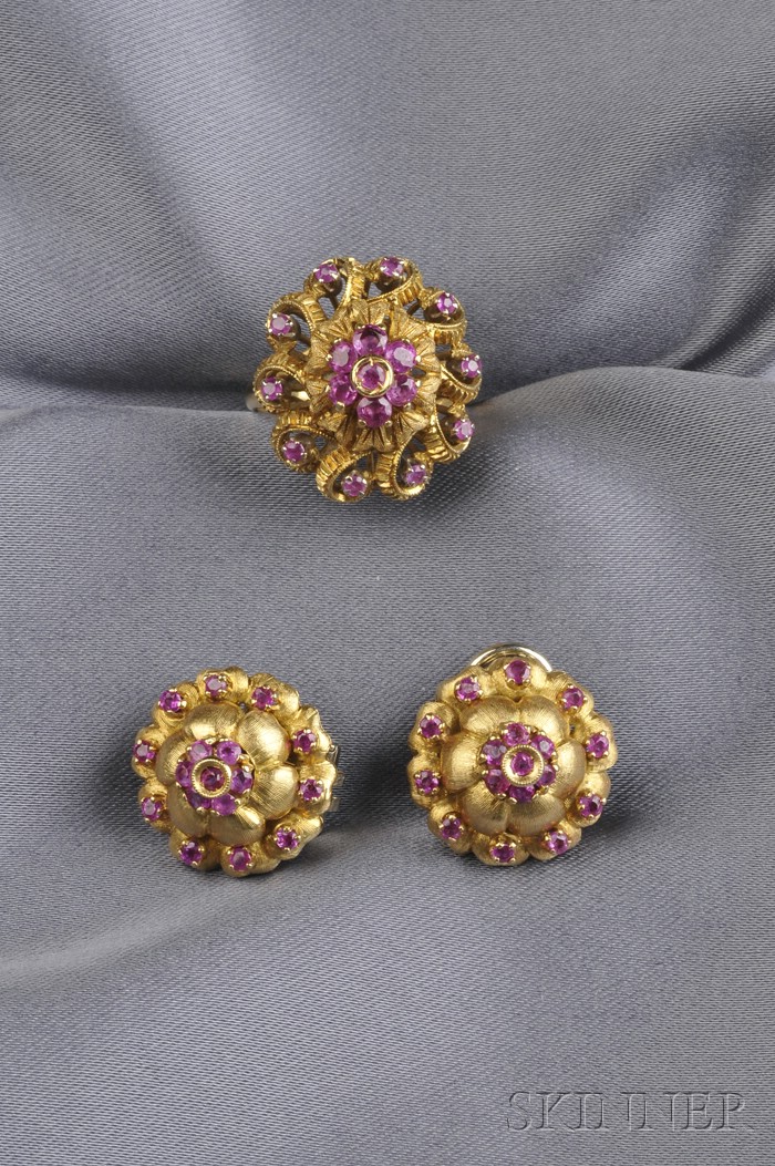 Appraisal: kt Gold and Ruby Suite comprising a ring and earclips