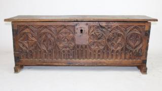 Appraisal: French Gothic trunk in carved walnut French early th century