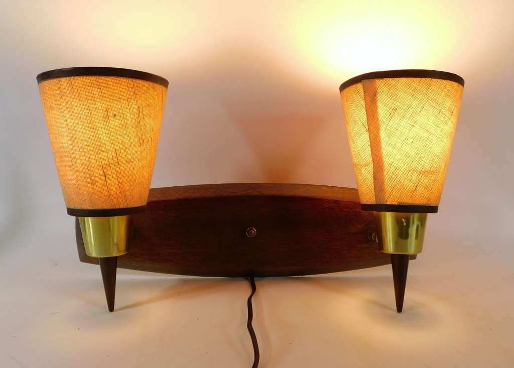 Appraisal: MCM WOOD AND BRASS TWO LIGHT WALL SCONCE United States