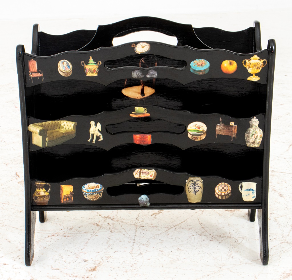 Appraisal: DECOUPAGE EBONIZED CANTERBURY Decoupaged ebonized canterbury or black-painted magazine rack