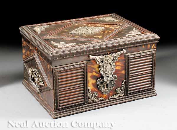 Appraisal: A Portuguese Carved Mahogany and Tortoiseshell Box th c silvered