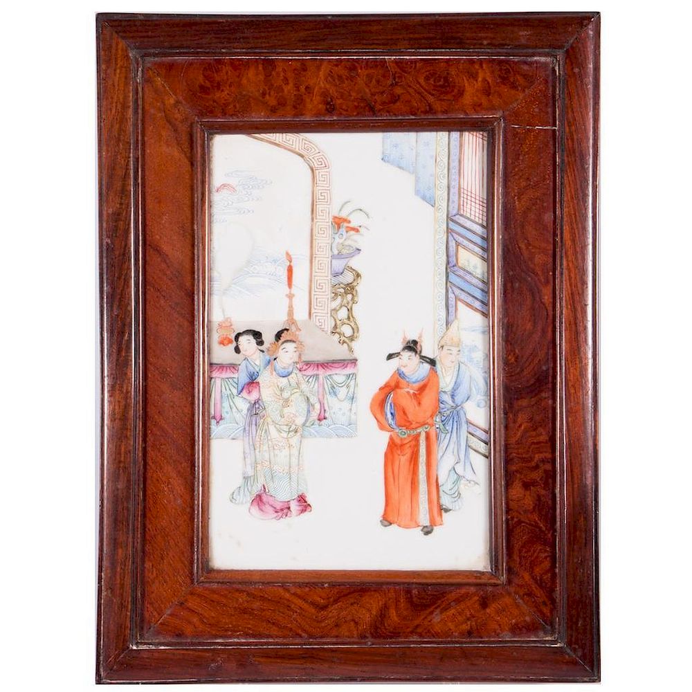 Appraisal: Polychrome Porcelain Panel in a Burl Frame Porcelain Panel Depicting