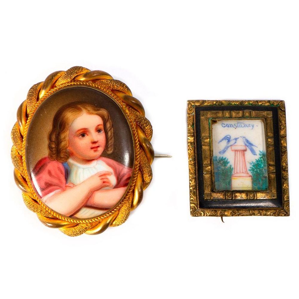 Appraisal: Two porcelain brooches Two continental porcelain hand-painted brooches Memorial Brooch