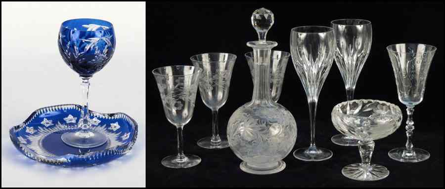 Appraisal: ETCHED CRYSTAL DECANTER Together with a cobalt cut-to-clear crystal plate