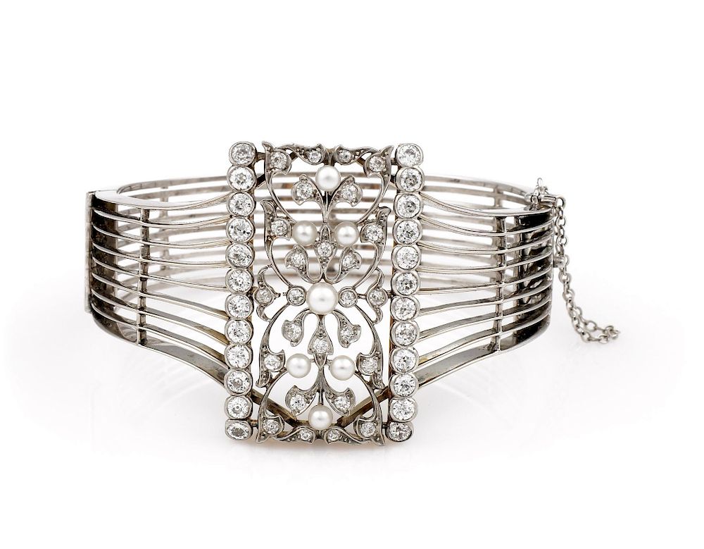 Appraisal: Platinum and Gold Diamond Pearl Cuff Bracelet Platinum and gold