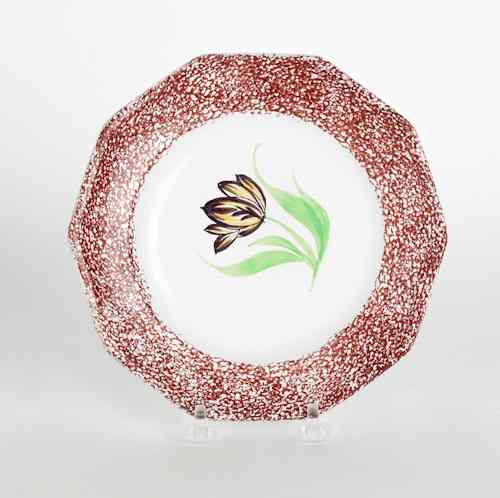 Appraisal: Red spatter plate with a mourning tulip th c dia