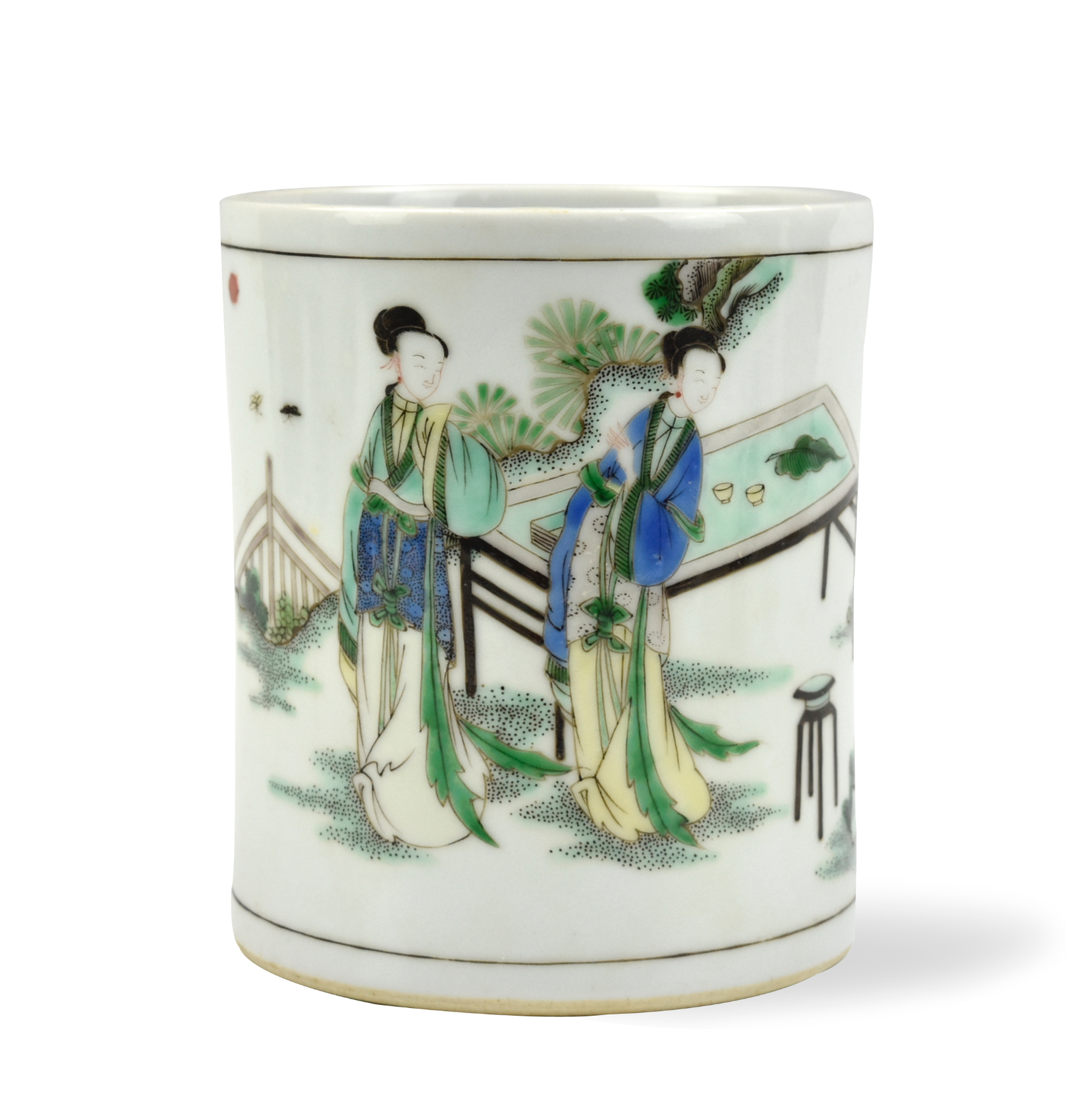 Appraisal: a cylindrical brush pot painted with figures tables censers ornaments