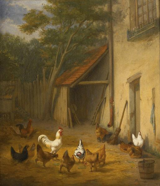 Appraisal: th C PAINTING Untitled Barnyard Scene with Chickens oil on