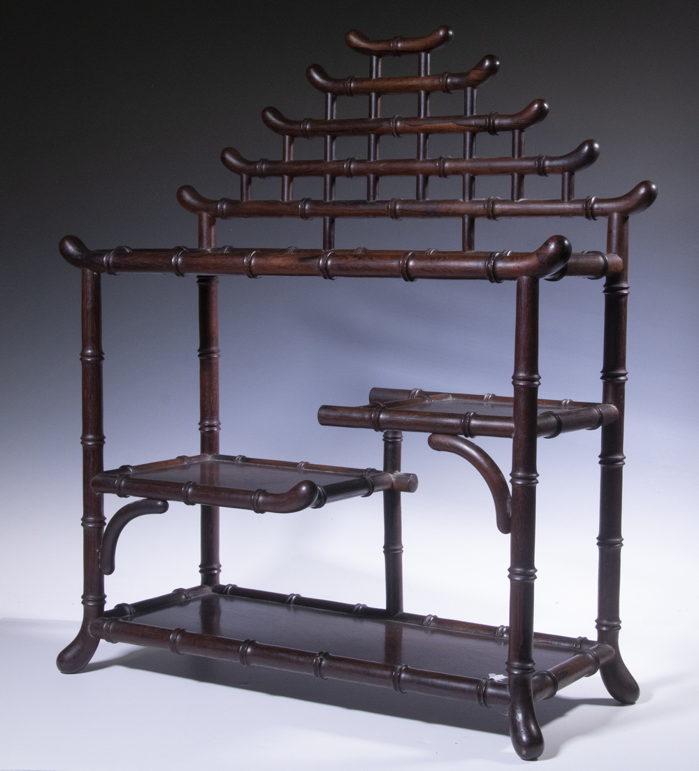 Appraisal: CHINESE ROSEWOOD DISPLAY SHELF Three-Tier Tabletop Etegere with carved faux