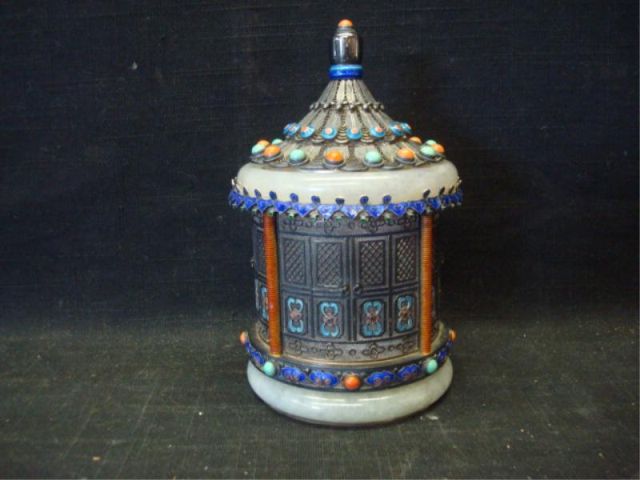 Appraisal: Asian Jade Silver and Bejeweled Lidded Container Dimensions high Estimate