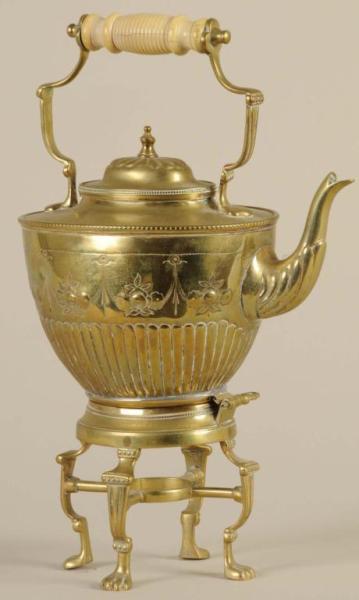 Appraisal: Dutch Brass Teapot on Stand Description th Century Turned bone