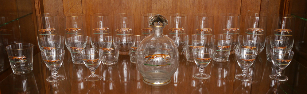 Appraisal: PIECE ENAMEL FOX GLASS LIQUOR SET pieces total with raised