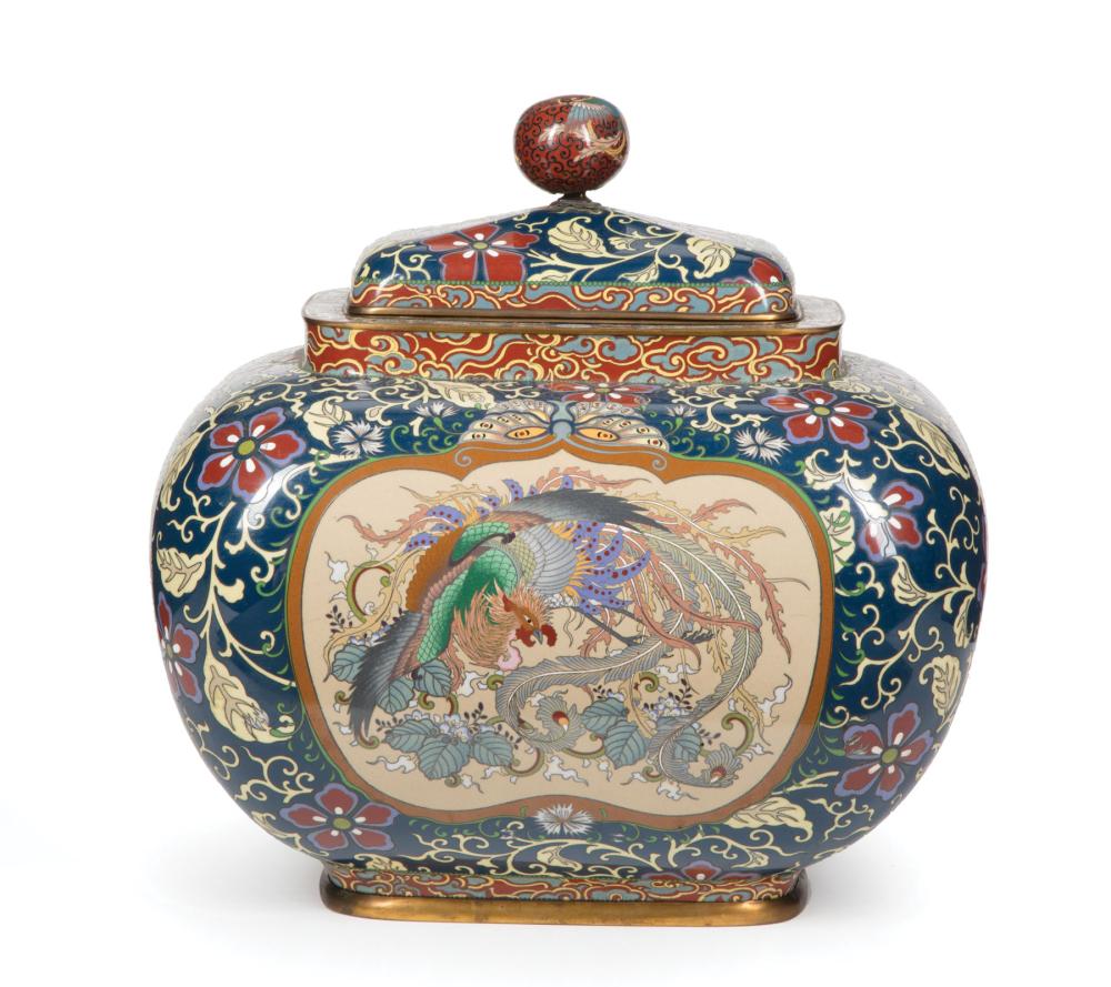 Appraisal: Japanese Cloisonne Enamel Covered Jar th c squared body with