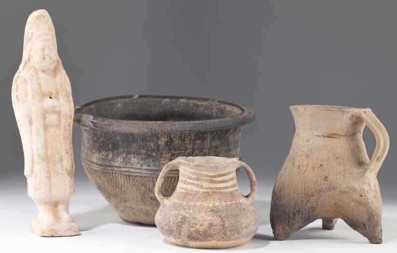 Appraisal: Four Chinese Ceramic Antiquitiesto include Neolithic two-handled jar with brown