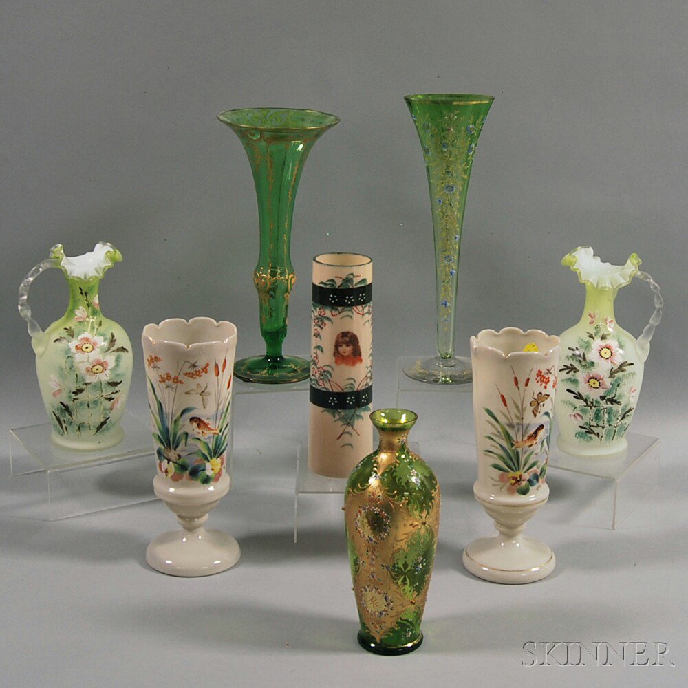 Appraisal: Eight Glass Vessels including a pair of cased satin glass