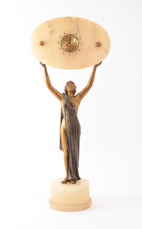 Appraisal: DECO FIGURAL NUDE CLOCK Gilded metal and alabaster overall measurements