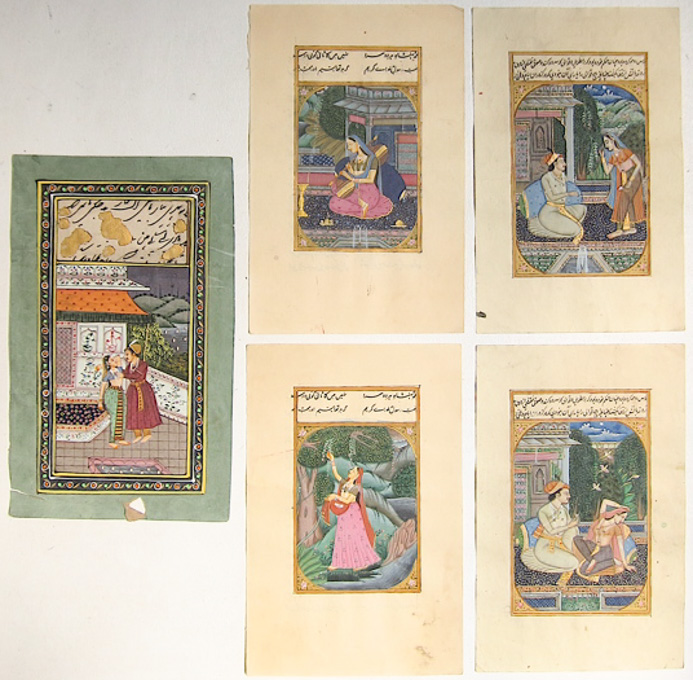 Appraisal: FIVE PERSIAN MANUSCRIPT LEAVES depicting courtly figures with calligraphic text