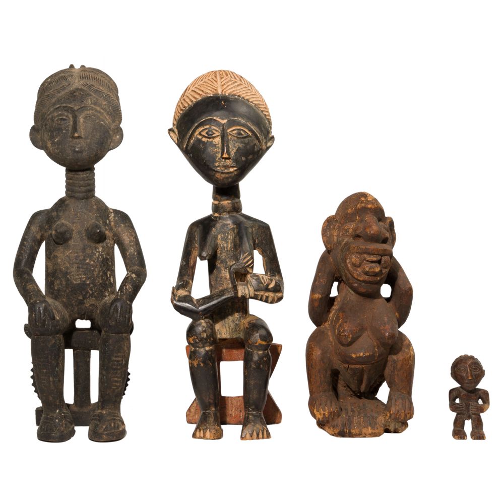 Appraisal: AFRICAN CARVED WOOD FIGURE ASSORTMENT items including a Divination Asante