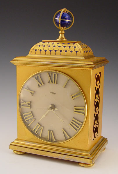 Appraisal: IMHOF CASE MANTLE CLOCK Heavy metal case with guilloche rotating