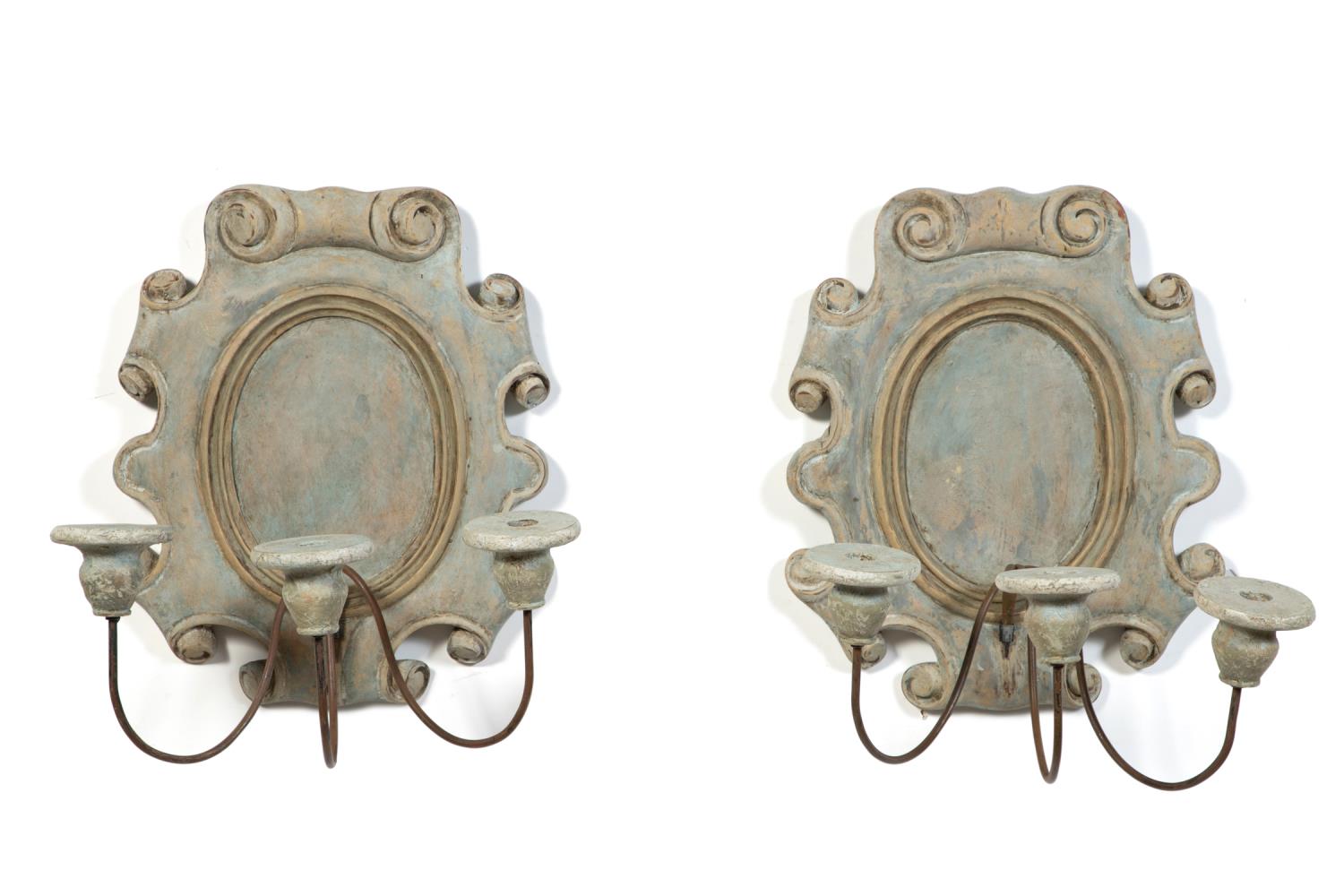 Appraisal: PR GUSTAVIAN STYLE DISTRESSED THREE LIGHT SCONCES Pair of three