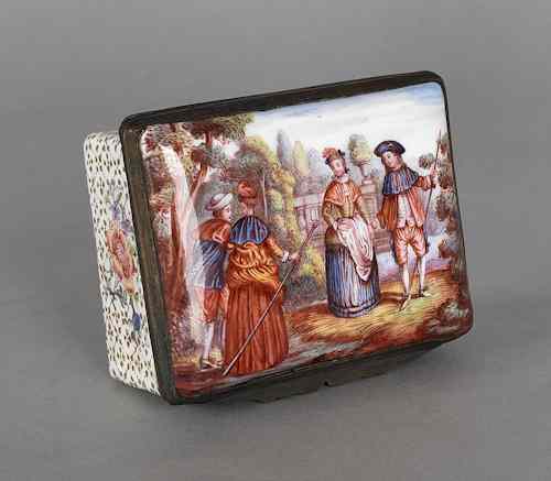 Appraisal: Battersea enameled box th c having a scenic lid with