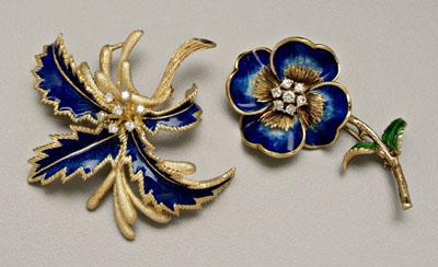 Appraisal: Two enamel diamond brooches one kt yellow gold with floral