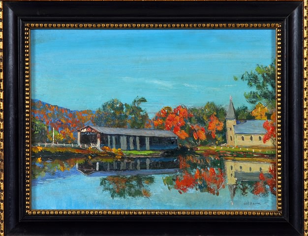 Appraisal: Covered Bridge with reflection of bridge in water oil on