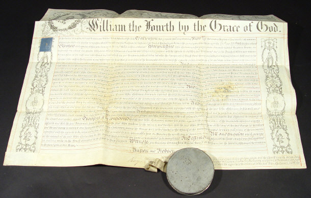 Appraisal: William IV indenture onto vellum with a large metal cased