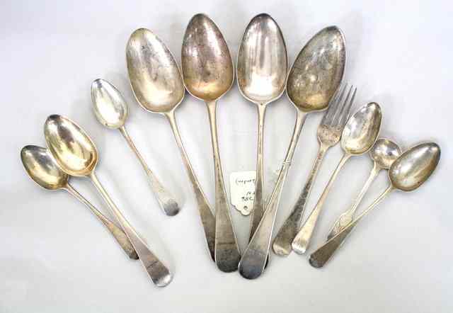 Appraisal: FOUR GEORGIAN SILVER TABLESPOONS four teaspoons a dessert spoon a