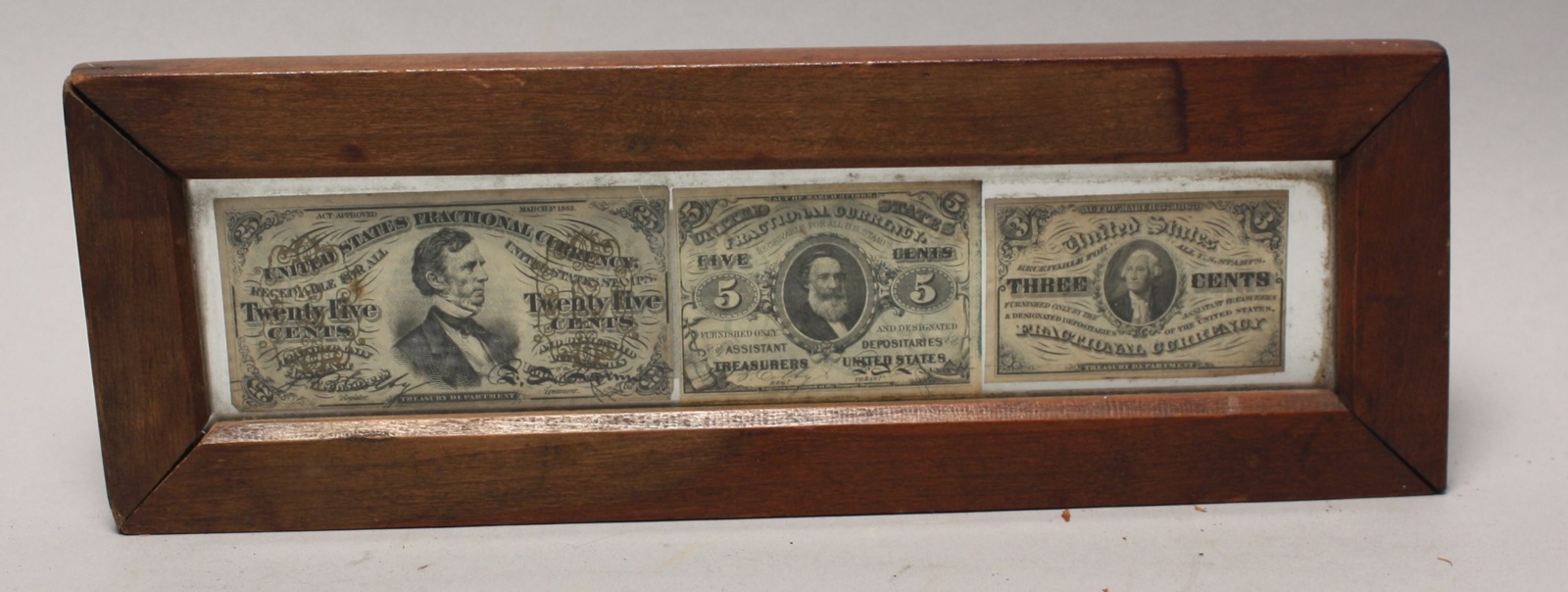 Appraisal: THREE FRAMED U S FRACTIONAL CURRENCY NOTES A -cent -cent