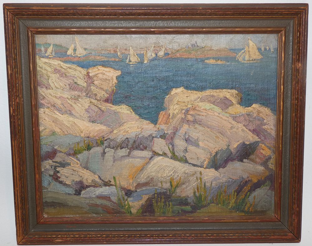 Appraisal: IMPRESSIONIST NE ROCKY SHORE PAINTING Old oil on canvasboard impressionist