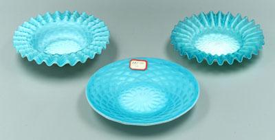 Appraisal: Three blue mother-of-pearl dishes all with diamond quilted pattern one