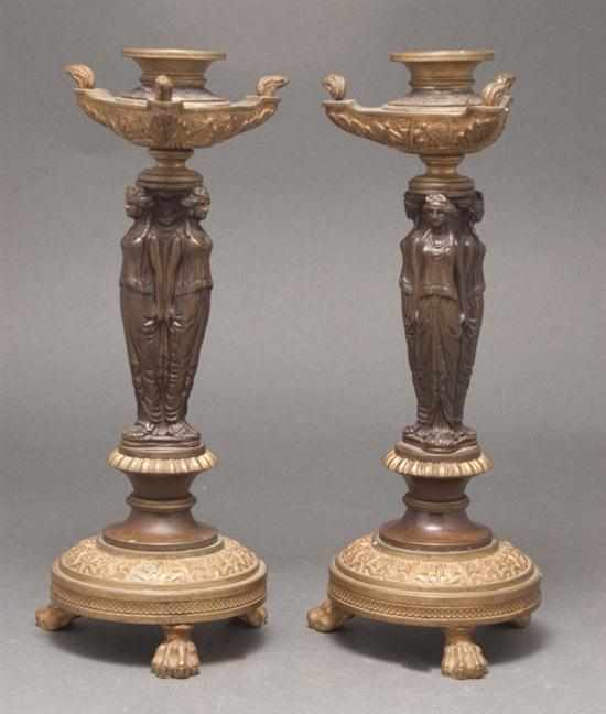 Appraisal: Pair of Napoleon III Empire style bronze figural candlesticks mid-