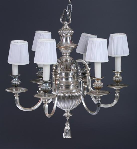 Appraisal: LATE GEORGIAN STYLE SILVERED METAL SIX-LIGHT CHANDELIER th century with