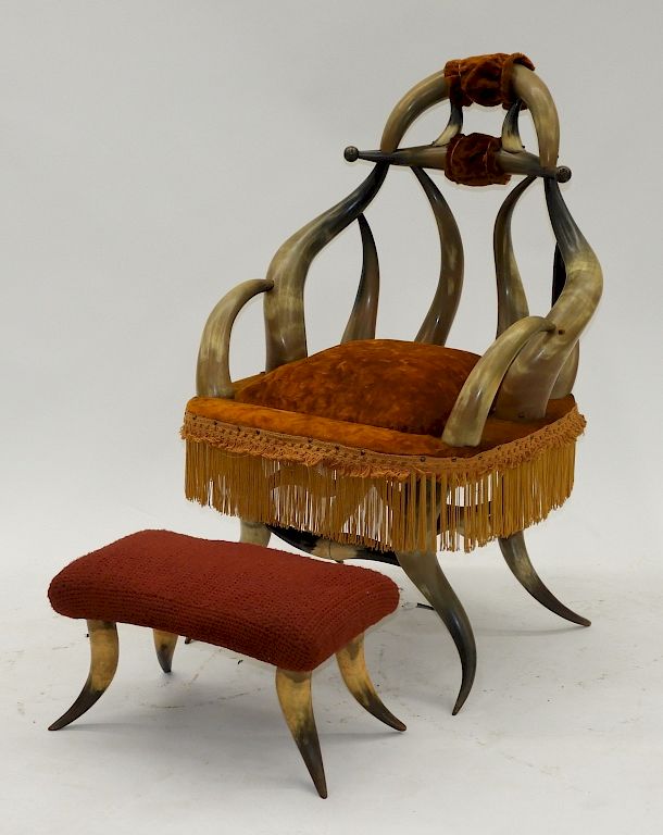 Appraisal: American Western Steer Horn Chair Ottoman United States th Century