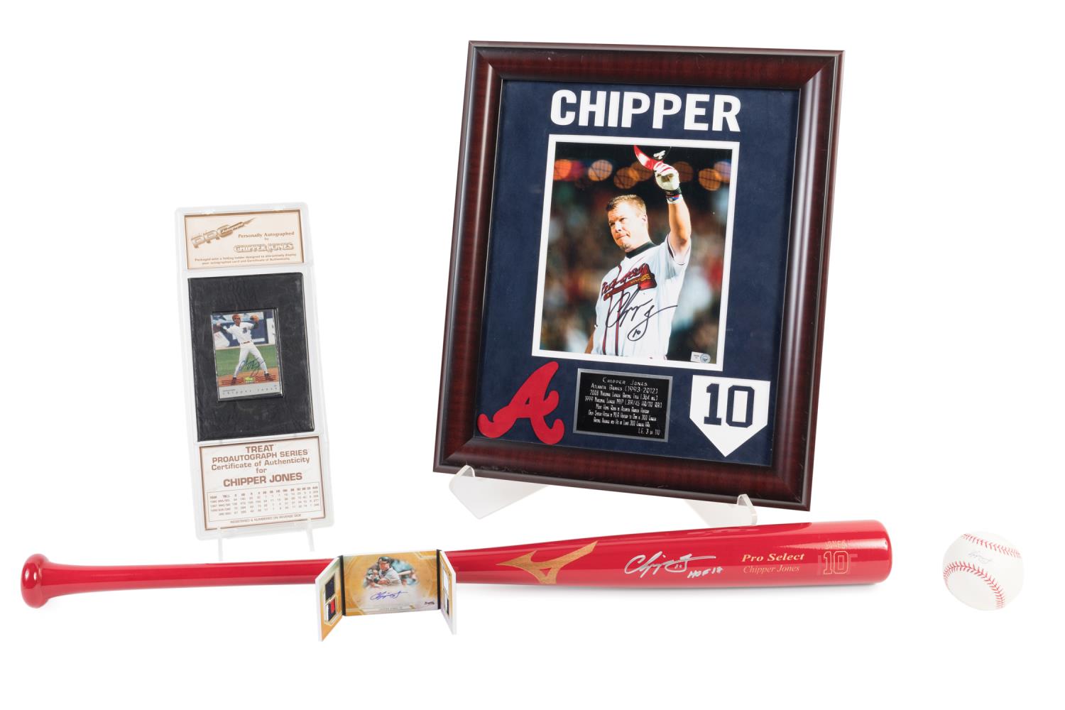 Appraisal: FIVE AUTOGRAPHED CHIPPER JONES PIECES Grouping of five Chipper Jones