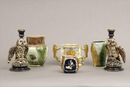 Appraisal: Three Majolica Pitchers Together with a pair of polychrome faience