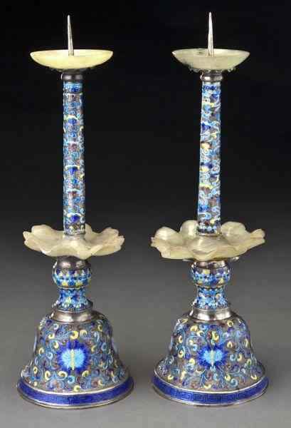 Appraisal: Pr Chinese enamel over silver candlesticksdepicting flowers ''H Circa -