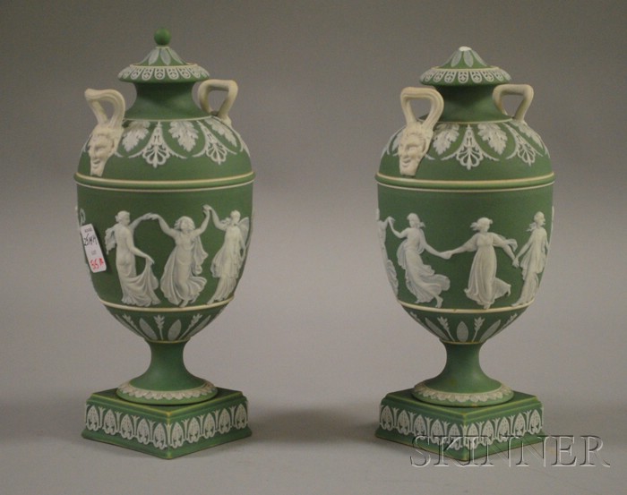 Appraisal: Pair of Wedgwood Green Jasper Dip Vases and Covers restored