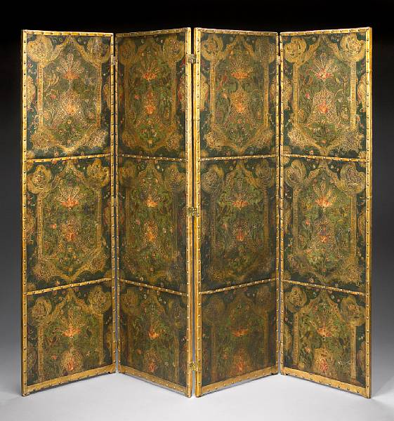 Appraisal: A French four-panel gilt and polychrome leather screen first quarter