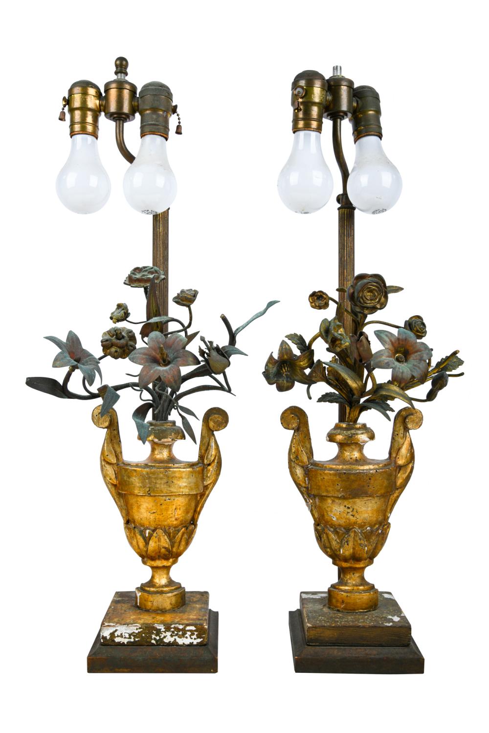 Appraisal: PAIR OF TOLE GILT CARVED WOOD TABLE LAMPSCondition wear of