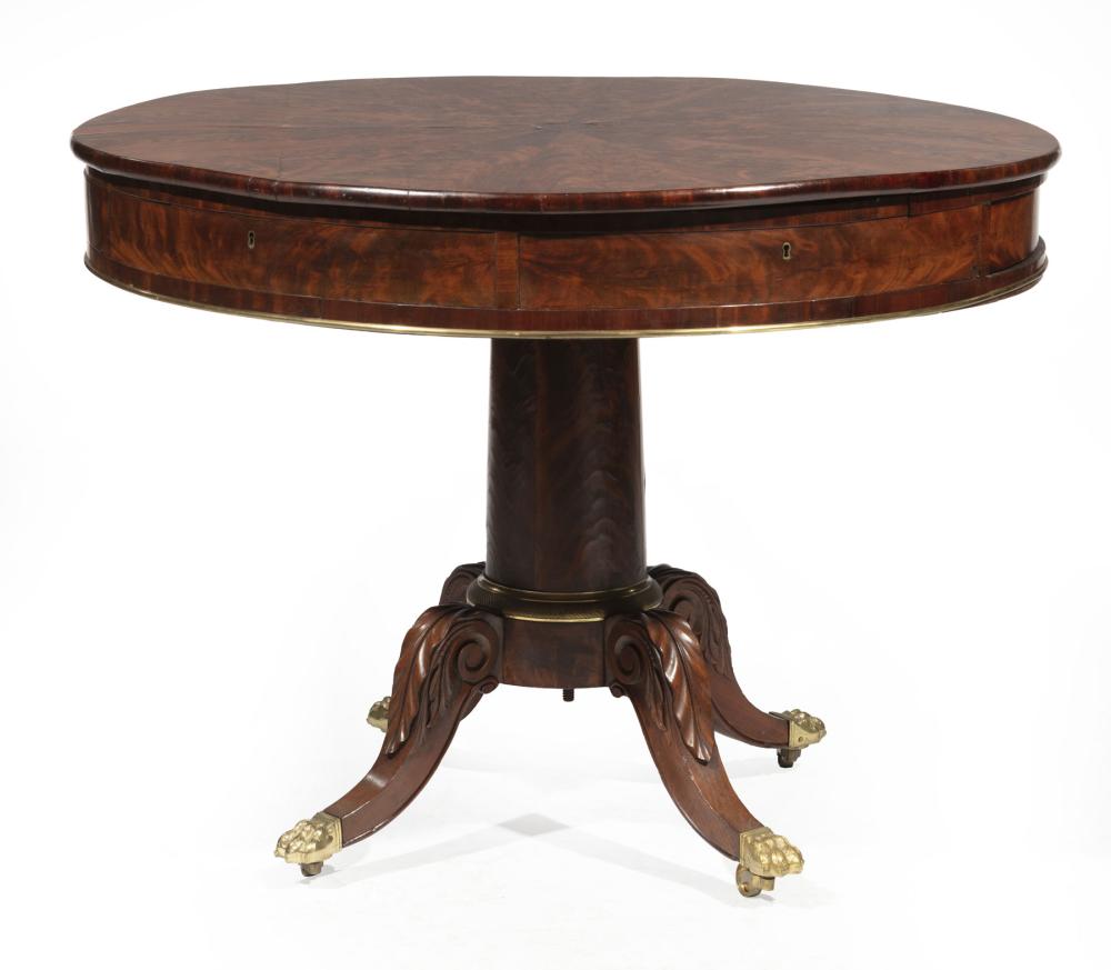 Appraisal: Fine American Classical Bronze-Mounted and Highly Figured Mahogany Drum Table