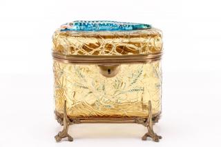 Appraisal: Amber Glass Enameled Salamander Box Moser attr Attributed to Moser