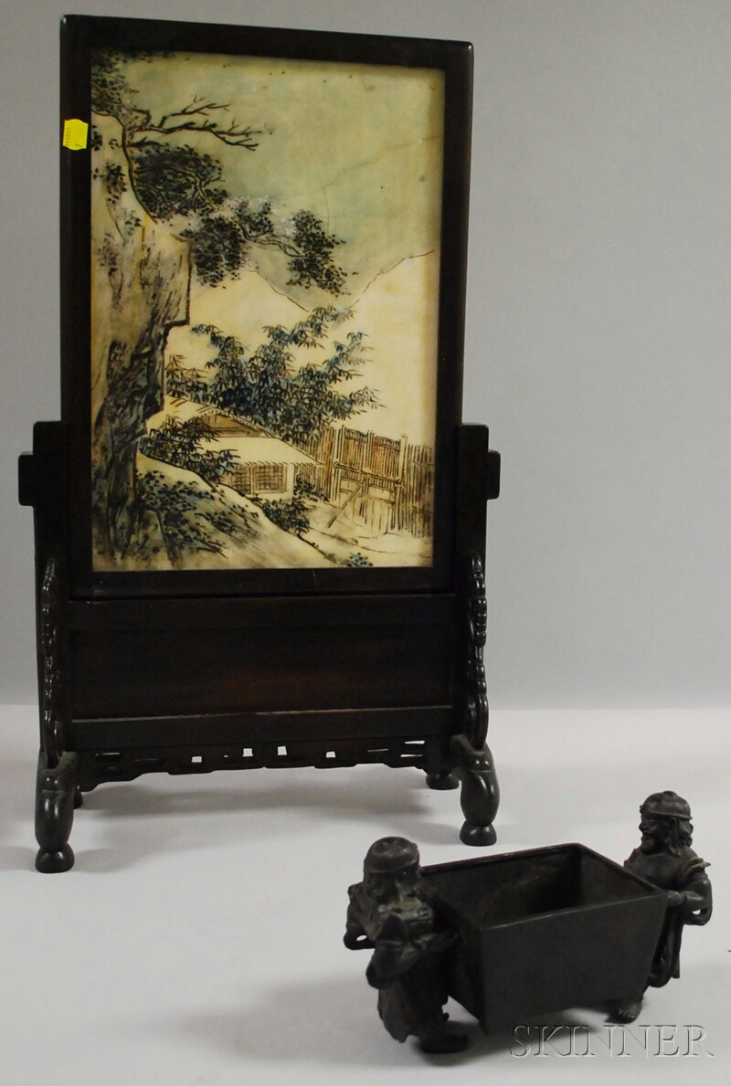 Appraisal: Chinese Painted Landscape-decorated Marble Plaque in a Carved Hardwood Stand